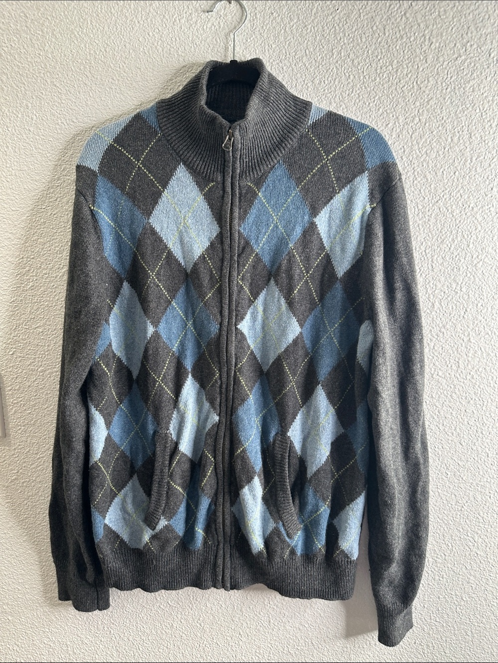 GAP Men's Dark Gray Zip-Up Sweater with Blue Argyle cotton wool blend size L